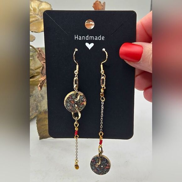 "5/$25" Handmade Mismatched Wood Floral Button Mixed Metal Dangle Earrings - Picture 1 of 6